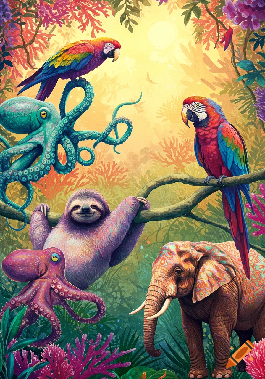 Vibrant illustration of a jungle scene with a sloth, two colorful parrots, two octopuses, and an elephant.