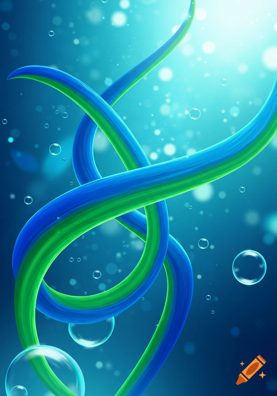 Abstract image of intertwining blue and green wavy stripes with floating bubbles on a blue background.