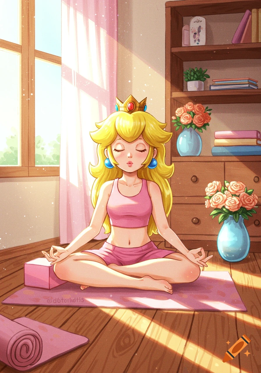 Princess Peach meditating in a lotus pose on a yoga mat in a sunlit room, wearing a pink crop top and shorts.