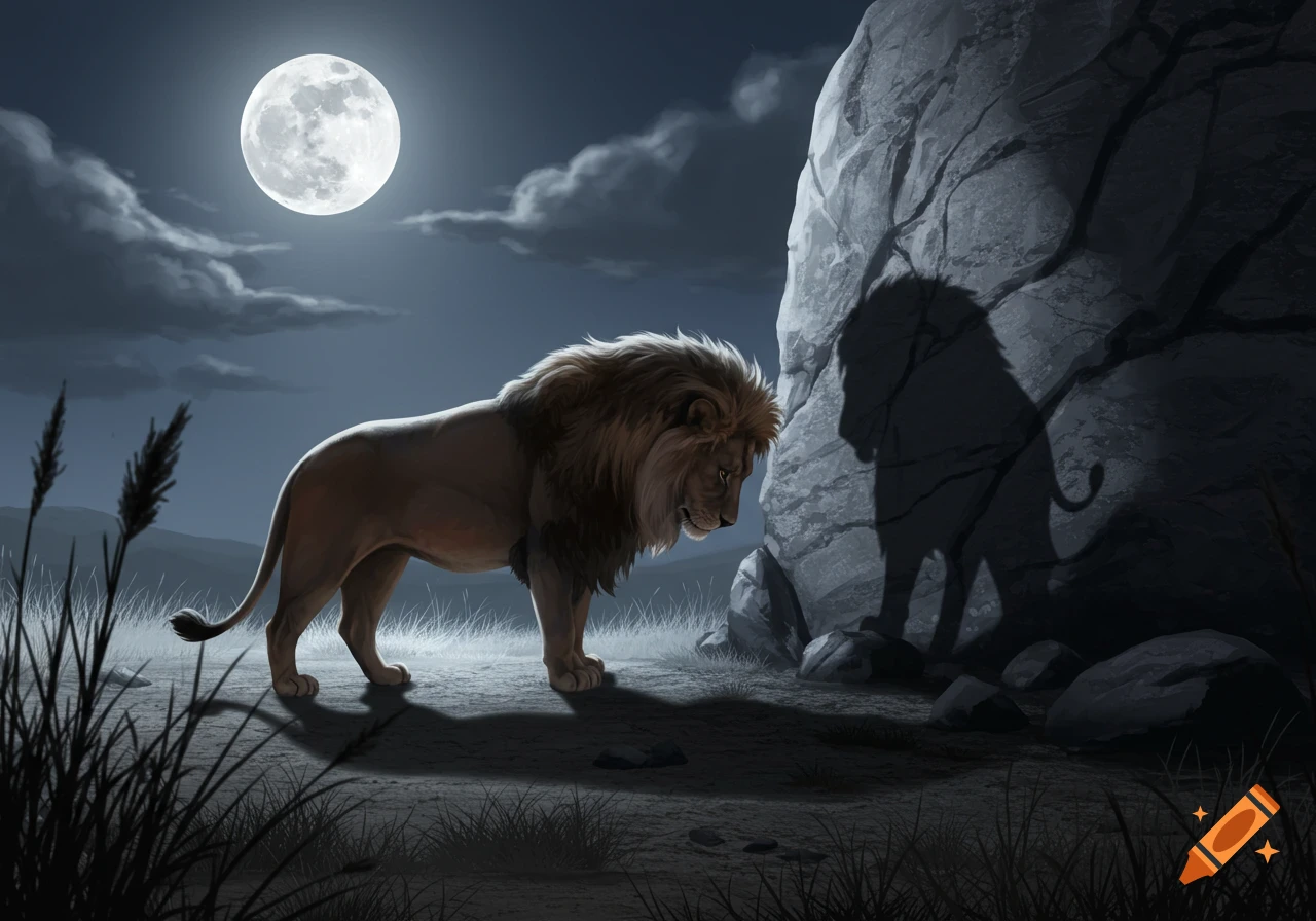 A majestic lion stands under a full moon, looking down at its bowing shadow on a large rock at night.