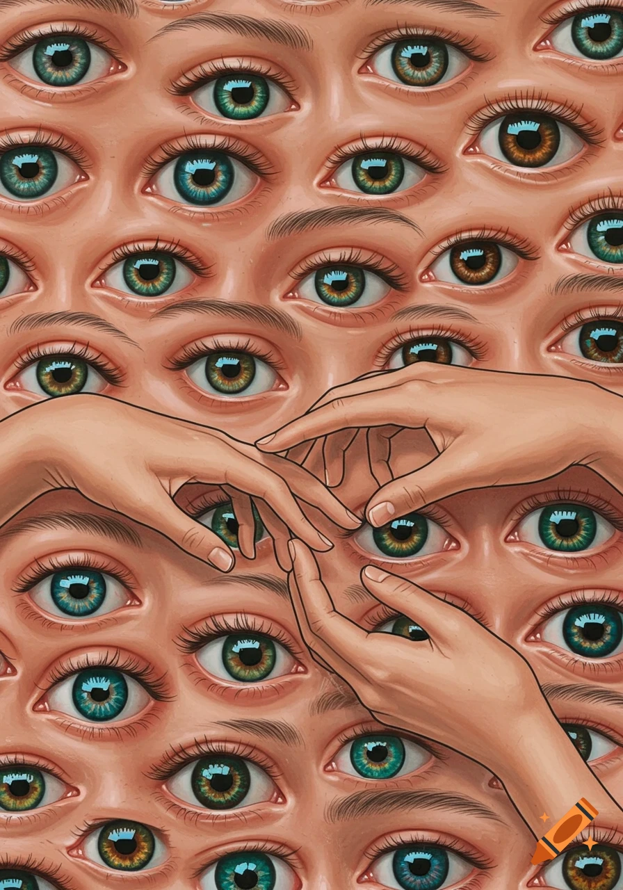 A stylized illustration featuring a dense pattern of human eyes with various iris colors, overlaid in the center by two pairs of hands with fingers intertwined.