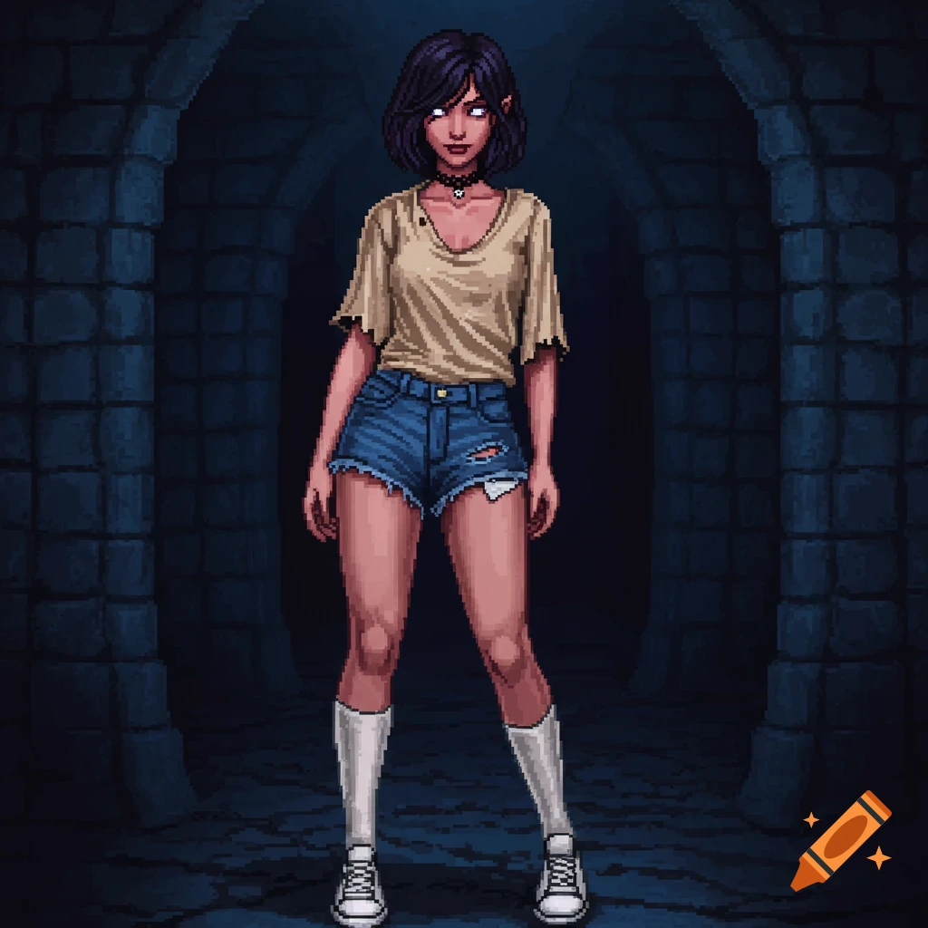A pixel art full body image of a vampire elven rogue with short dark hair, wearing a beige shirt, ripped jean shorts, white socks, and white sneakers, standing in a dungeon.