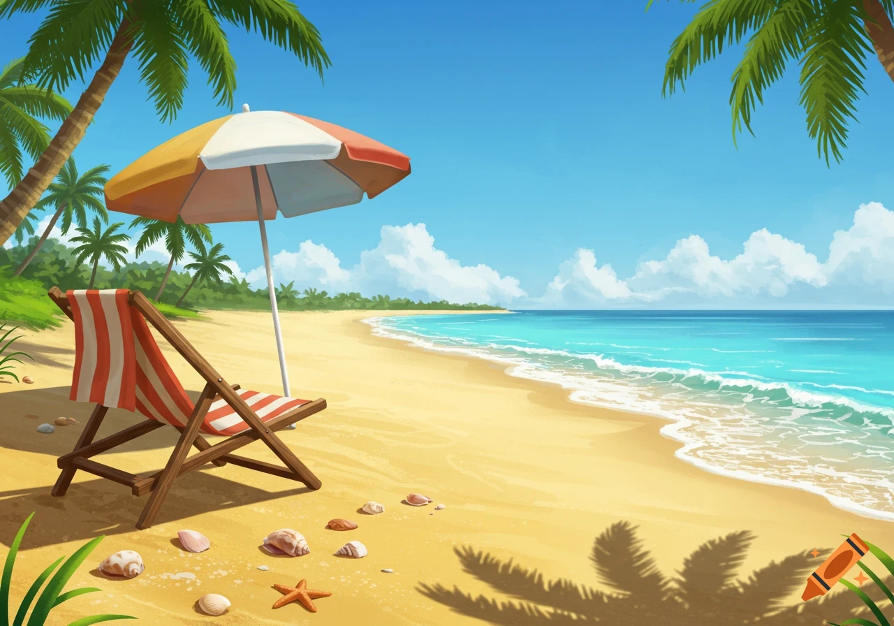 An illustrated sunny beach scene with a red and white striped lounge chair and umbrella under palm trees, facing the blue ocean.