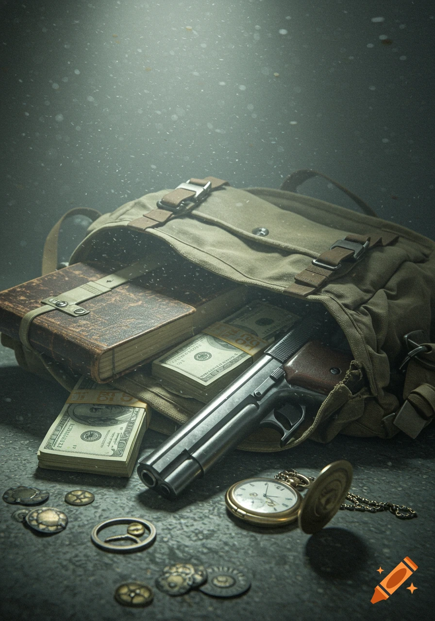 Close-up still life of a dirty canvas backpack filled with a handgun, stacks of cash, and a worn book, with a vintage pocket watch and old coins scattered nearby.