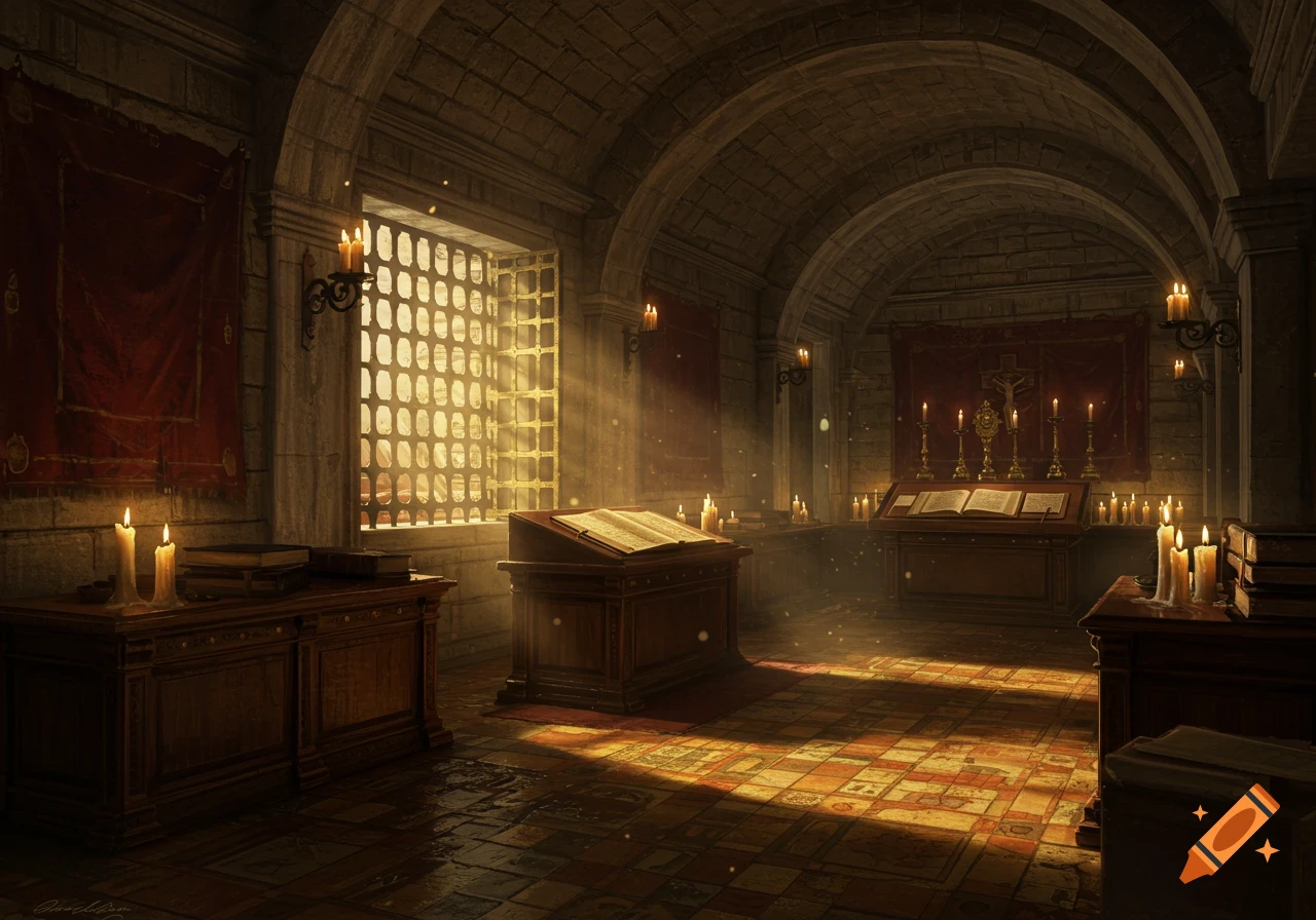 A mystical, ancient stone room with vaulted ceilings, sunlight streaming through a grated window, and numerous lit candles illuminating open books on wooden lecterns and tables.
