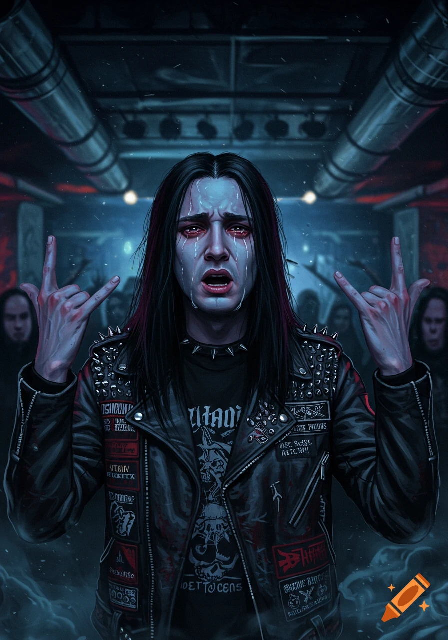 A crying metalhead with long black hair, pale skin, and dark makeup wears a studded leather jacket and band t-shirt, making rock horn gestures in a dimly lit venue.