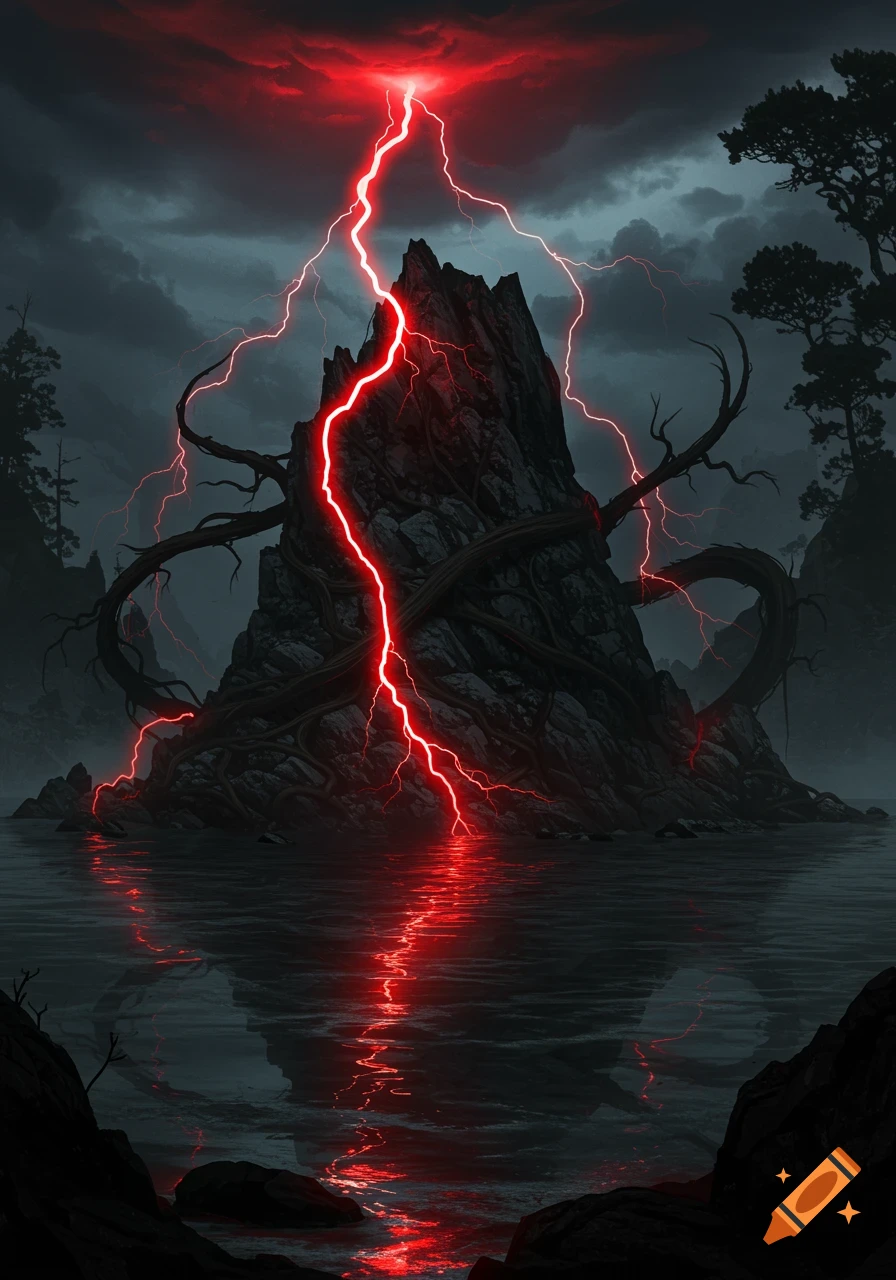 Ominous dark fantasy illustration of a rocky island struck by bright red lightning, reflecting in stormy water under a dark sky.