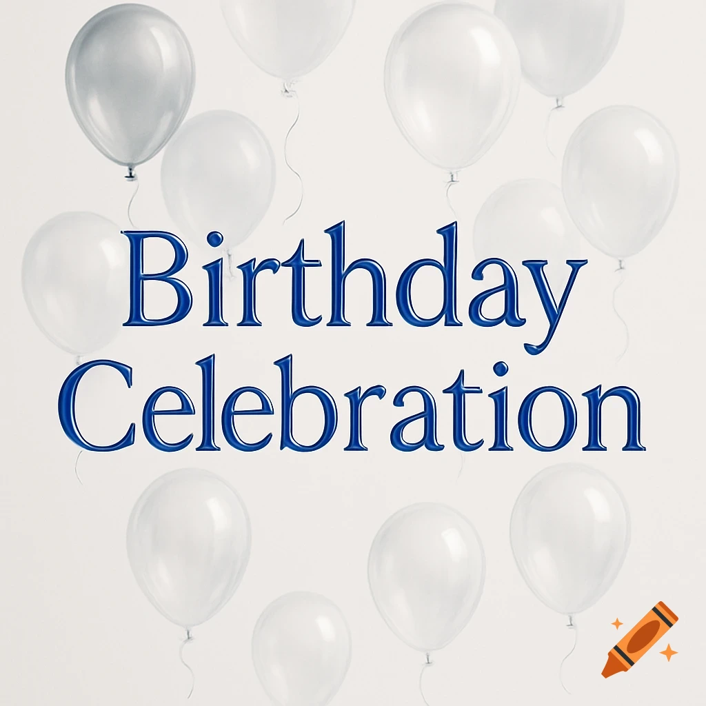 Blue "Birthday Celebration" text among silver and white balloons.