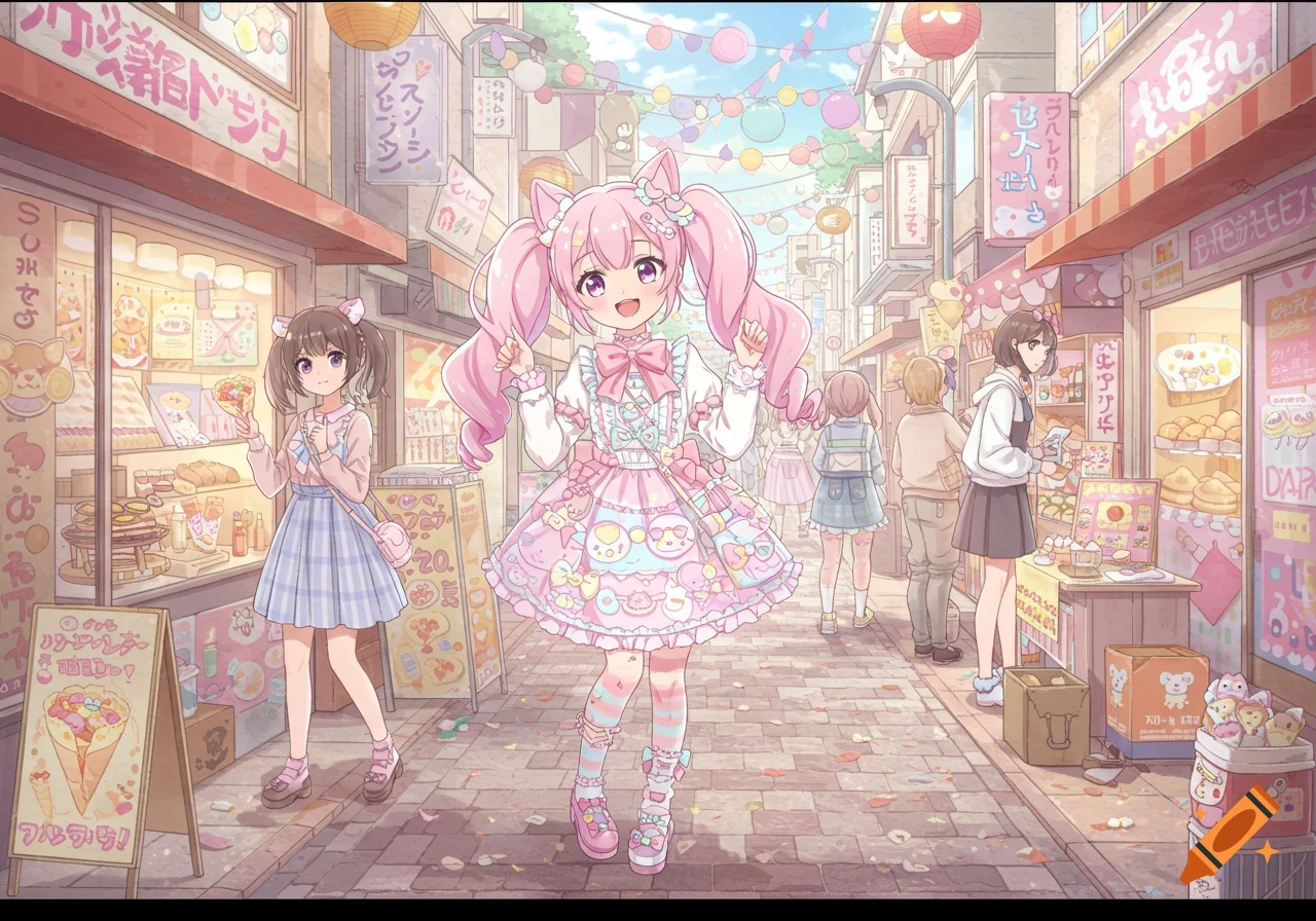 An anime girl in a pink lolita dress stands smiling in a pastel Harajuku-style shopping street.
