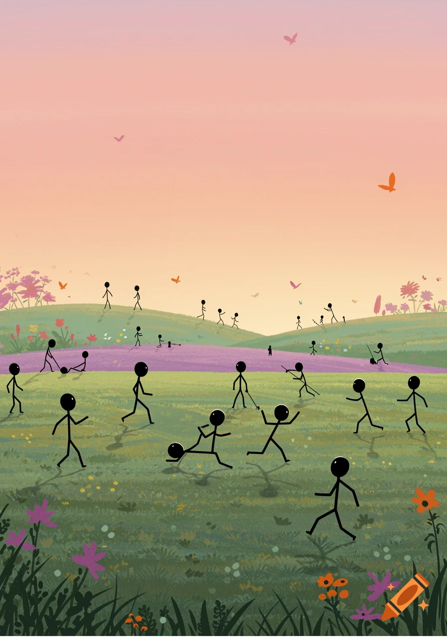 Many stick figures play and run in a vibrant green and purple meadow under a pastel pink and orange sky with butterflies.