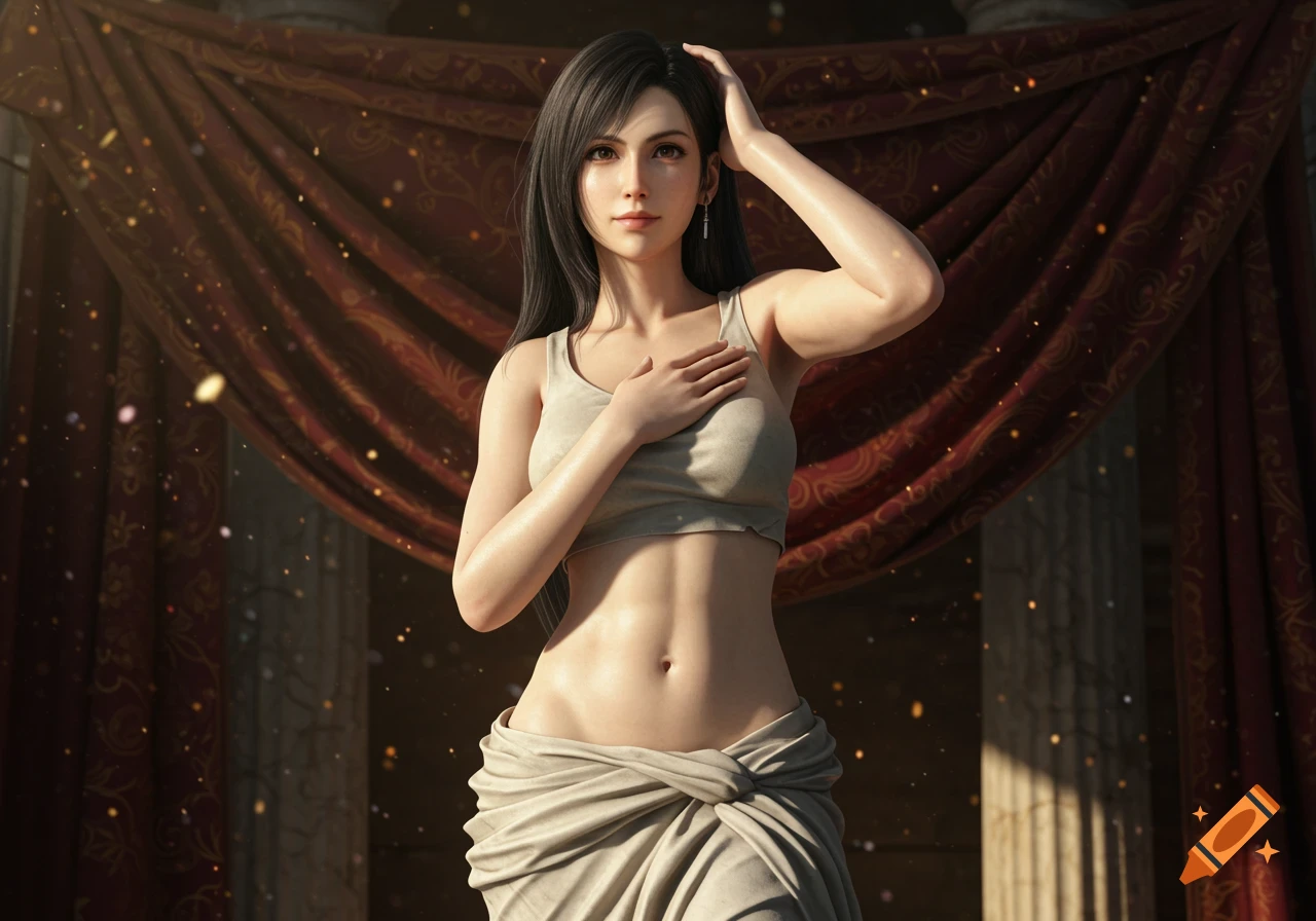 A photorealistic digital rendering of Tifa Lockhart in a sports bra and draped cloth, posing like a statue in a classical setting.