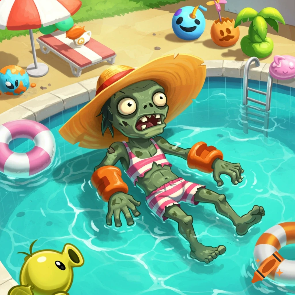 A cartoon zombie, in Plants vs. Zombies style, floats in a swimming pool wearing a sun hat and armbands, surrounded by colorful pool toys.