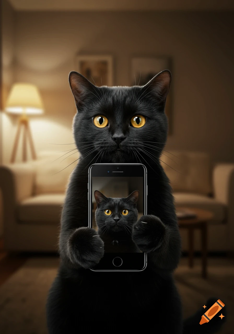 A photorealistic black cat with yellow eyes holds a smartphone, taking a selfie in a living room.