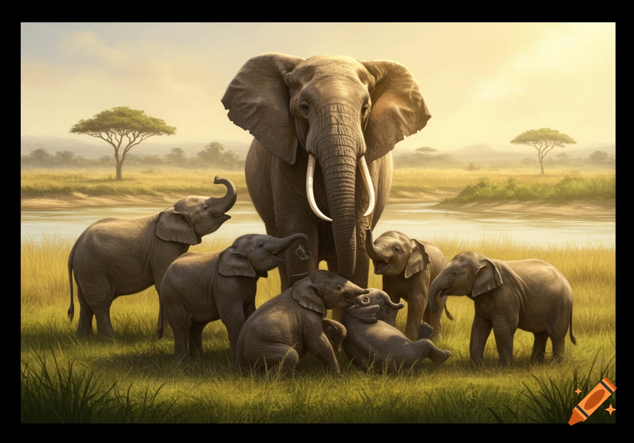 A large adult elephant stands with six playful baby elephants in a grassy savanna near a river, under a bright sky.