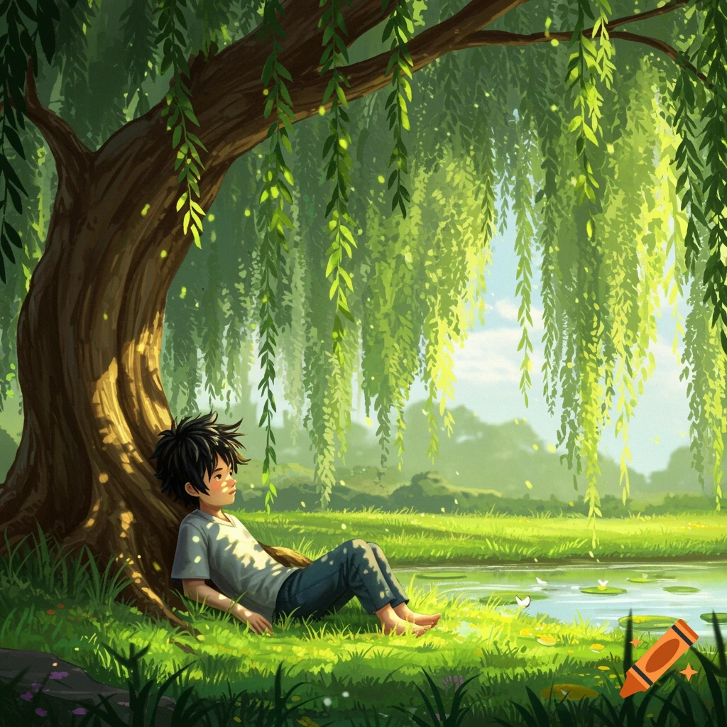 An anime-style illustration of a boy with black hair relaxing under a large willow tree next to a pond in a sunny green landscape.