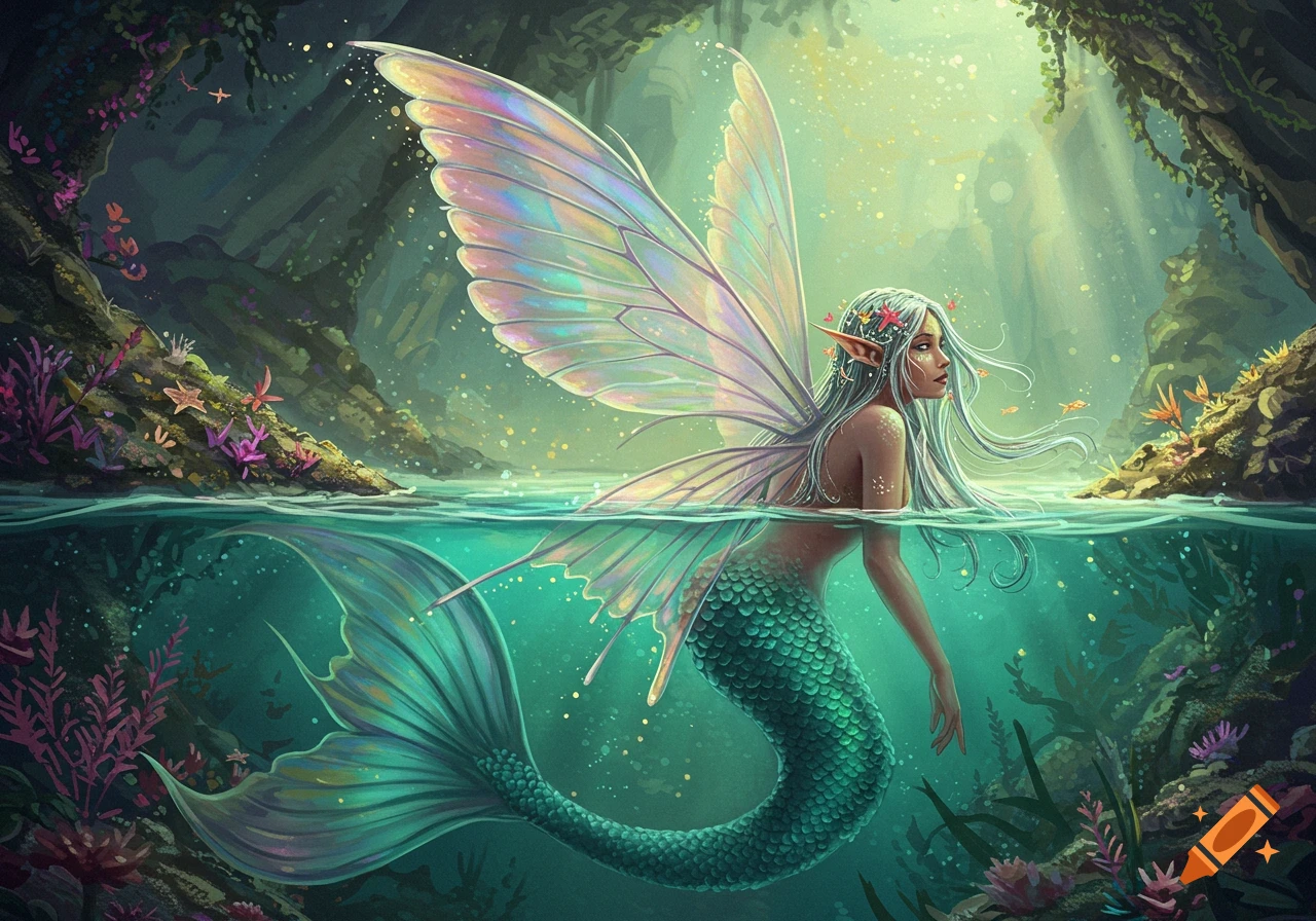 A mermaid fairy with iridescent wings and a teal tail surfaces in a sunlit underwater cave, surrounded by coral and plants.