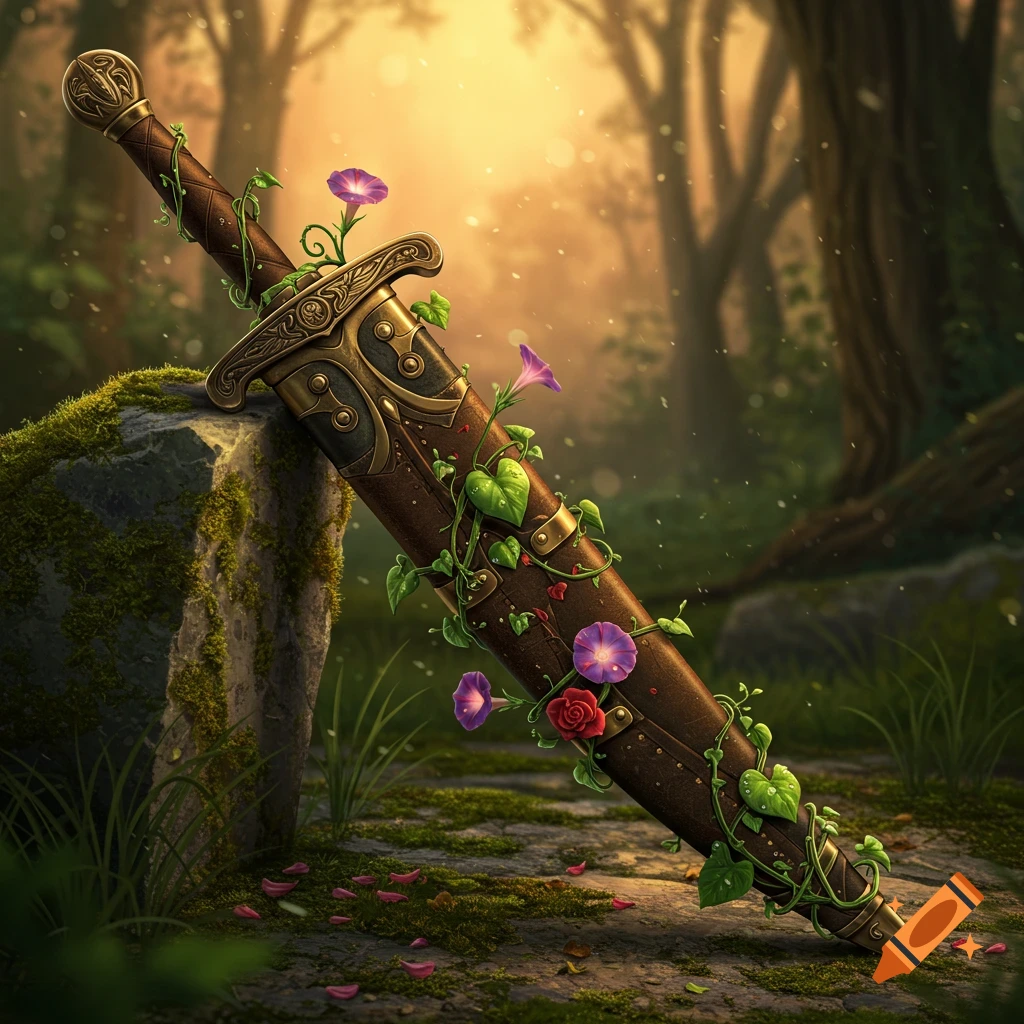 A detailed fantasy image of a sword sheath leaning against a mossy rock in a sunlit forest, covered in green vines, purple morning glories, and red roses.