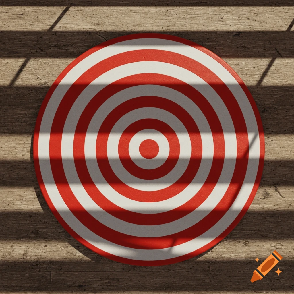 Overhead view of a red and white target on a wooden floor, partially covered by shadows from window blinds.