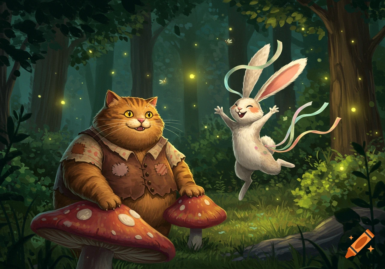 A whimsical illustration of a plump orange cat by mushrooms and a joyful white rabbit leaping in a magical, firefly-lit forest.
