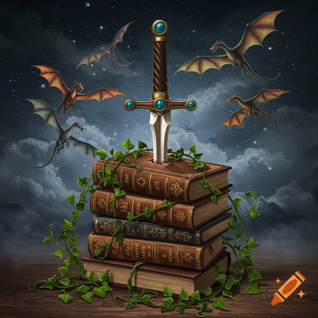 A stack of old brown books with a sword plunged through them, wrapped in green ivy, under a starry night sky with dragons flying.