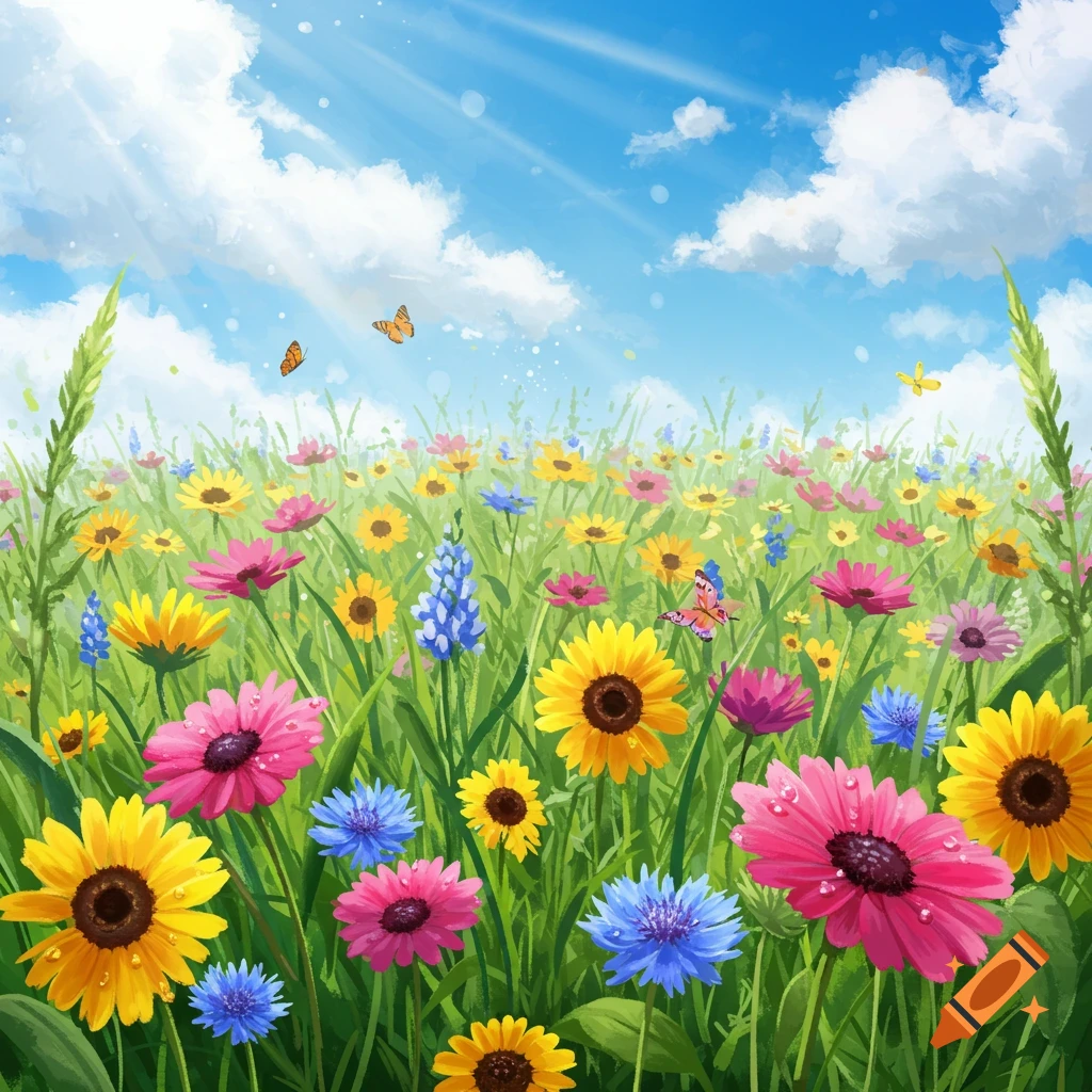 A vibrant, sunny field filled with a variety of colorful flowers and butterflies under a blue sky with clouds and sunrays.