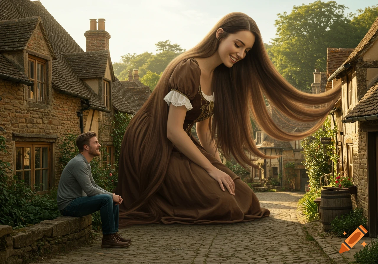 A giantess with long brown hair kneels in a cobblestone village street, smiling down at a man sitting on a stone wall.