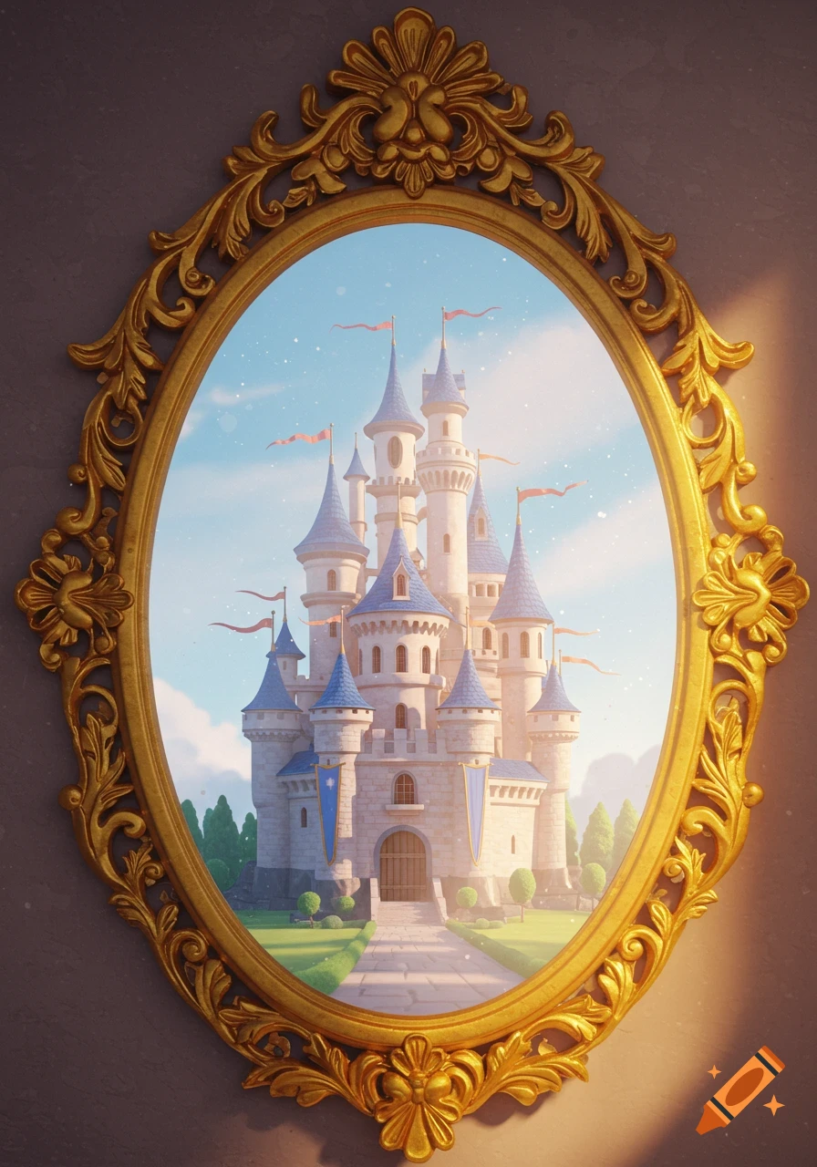 A fairytale castle with blue spires and red flags reflected in an ornate gold renaissance mirror.
