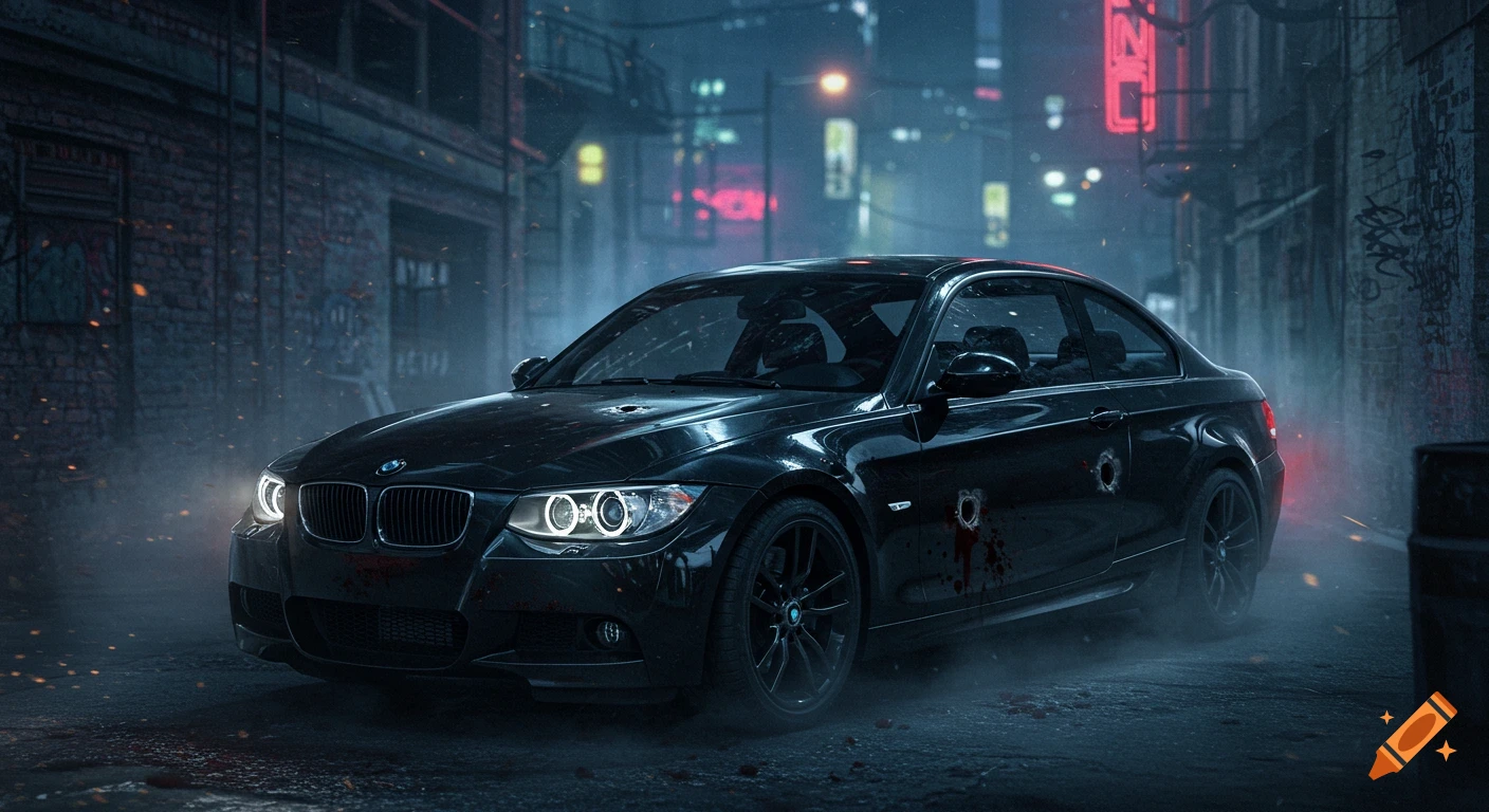A sleek black BMW coupe with bullet holes and blood splatters parked in a dark, foggy urban alley at night, lit by neon signs. Cinematic style.