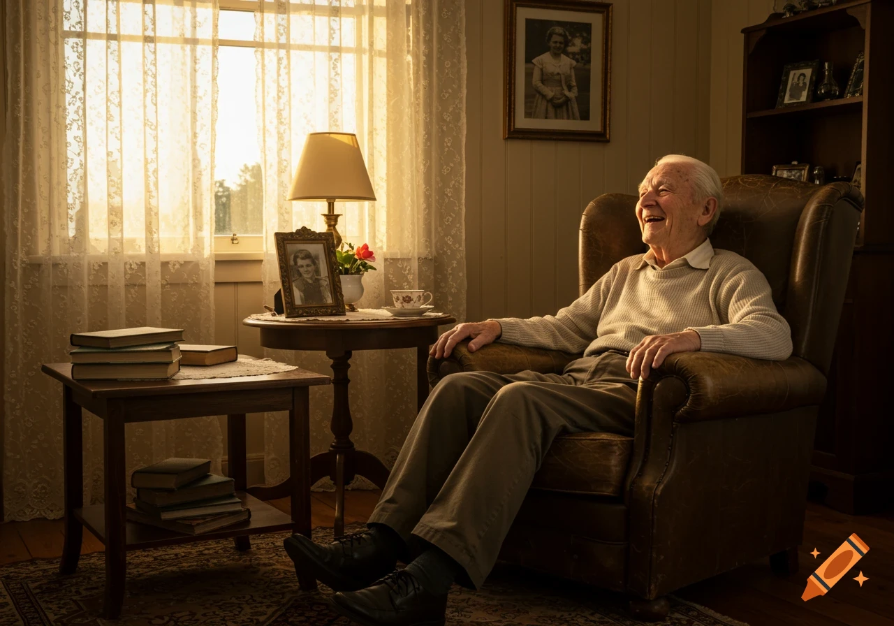 Elderly man laughing in a cozy sunlit lounge room, seated in a leather armchair with vintage furniture and framed photos.