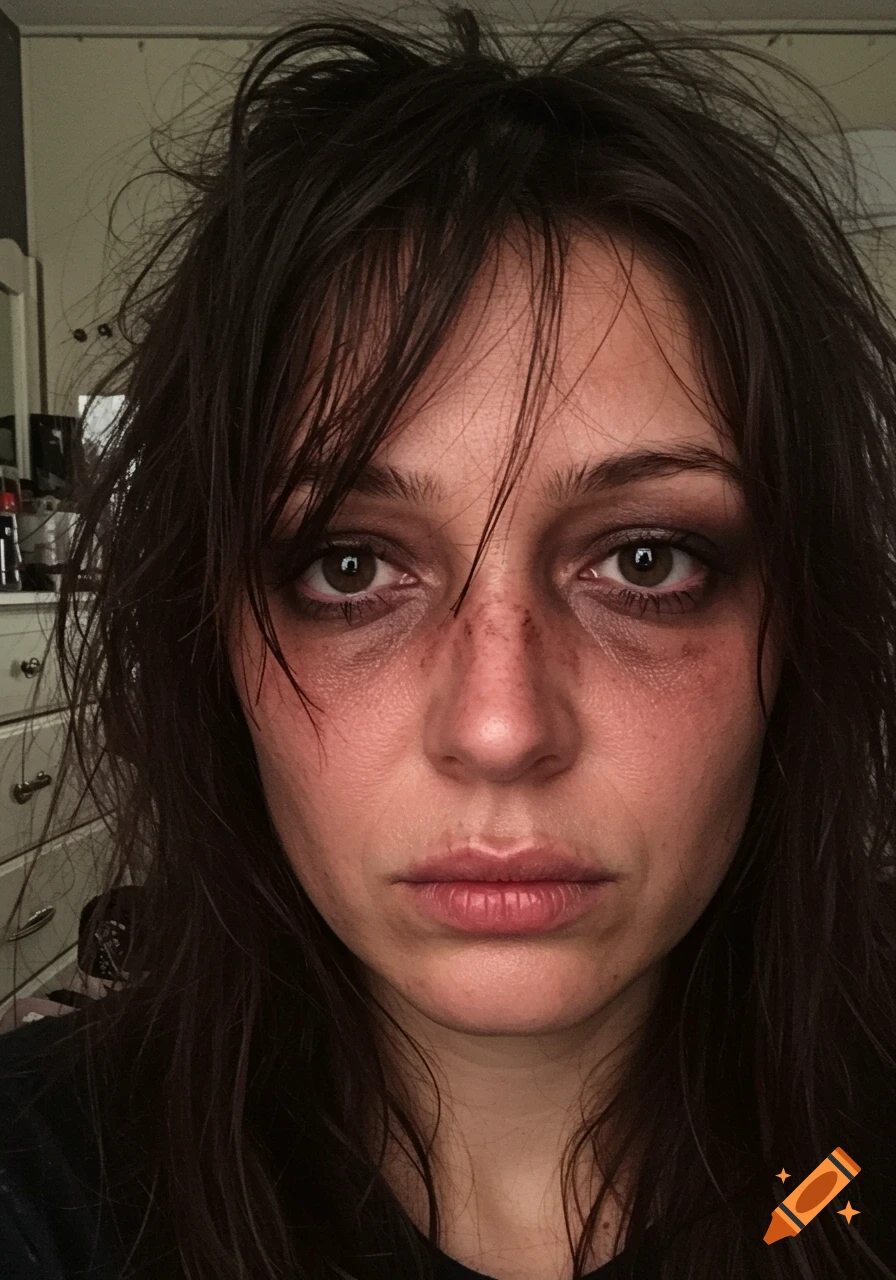 Close-up photorealistic selfie of a woman with messy dark hair and smudged makeup, looking disheveled, in an apartment.