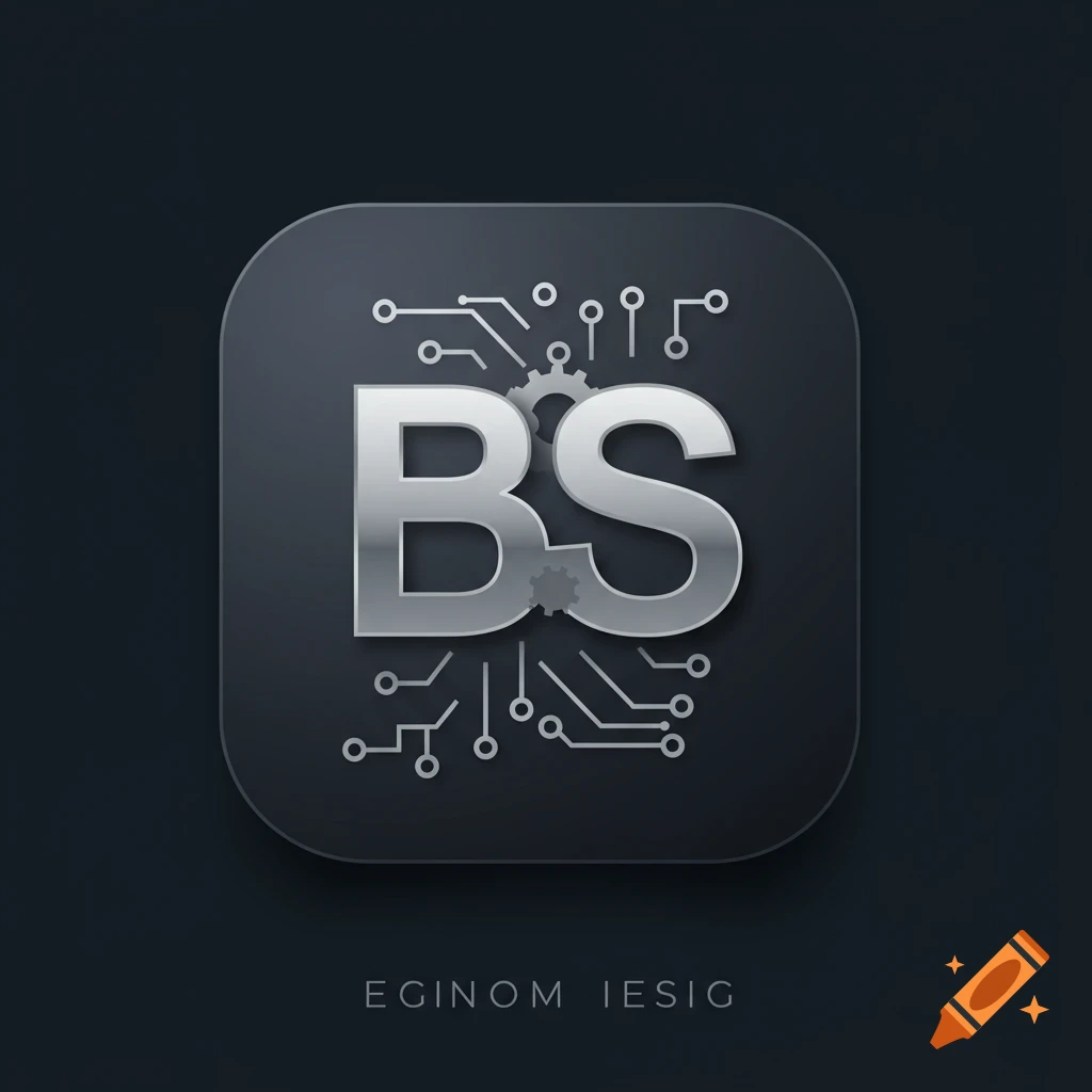A gray icon featuring silver letters "BS" with a gear, surrounded by circuit board lines, on a dark background.