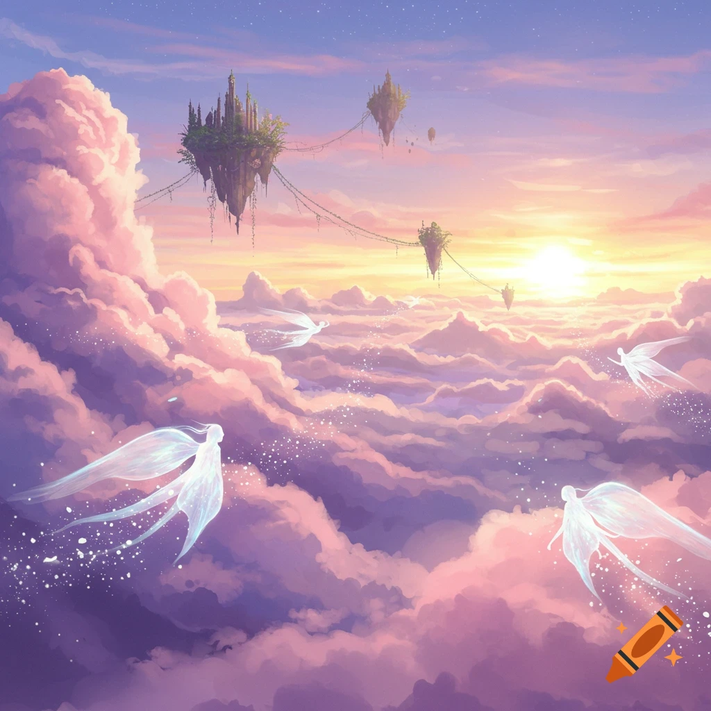 A dreamy sky kingdom with floating islands and light-winged beings flying through pink and purple clouds at sunset.