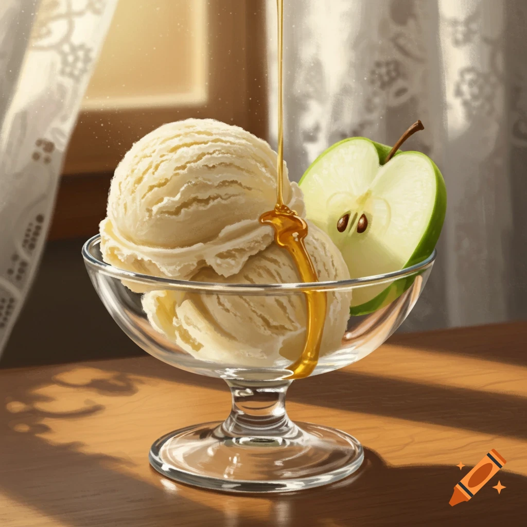 Vanilla ice cream scoops with honey drizzled over them in a glass bowl, next to a green apple slice.