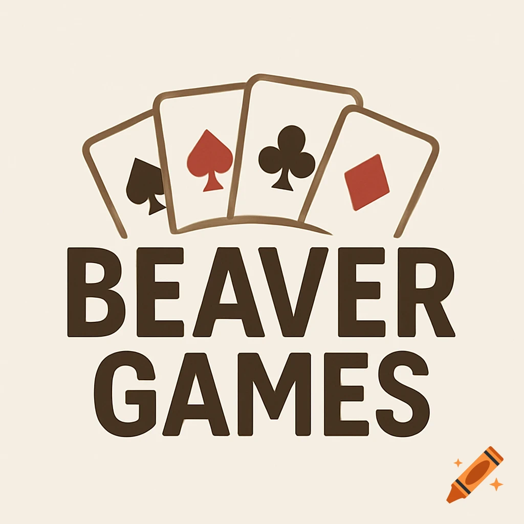 Logo for 'BEAVER GAMES' with fanned playing cards (spade, heart, club, diamond) in brown and red on a cream background.