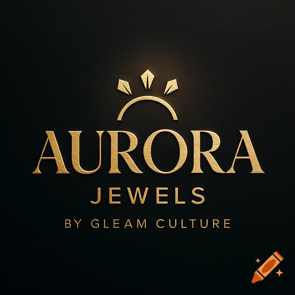 Gold luxury logo for Aurora Jewels by Gleam Culture on a dark background, with a minimalist sunrise icon.
