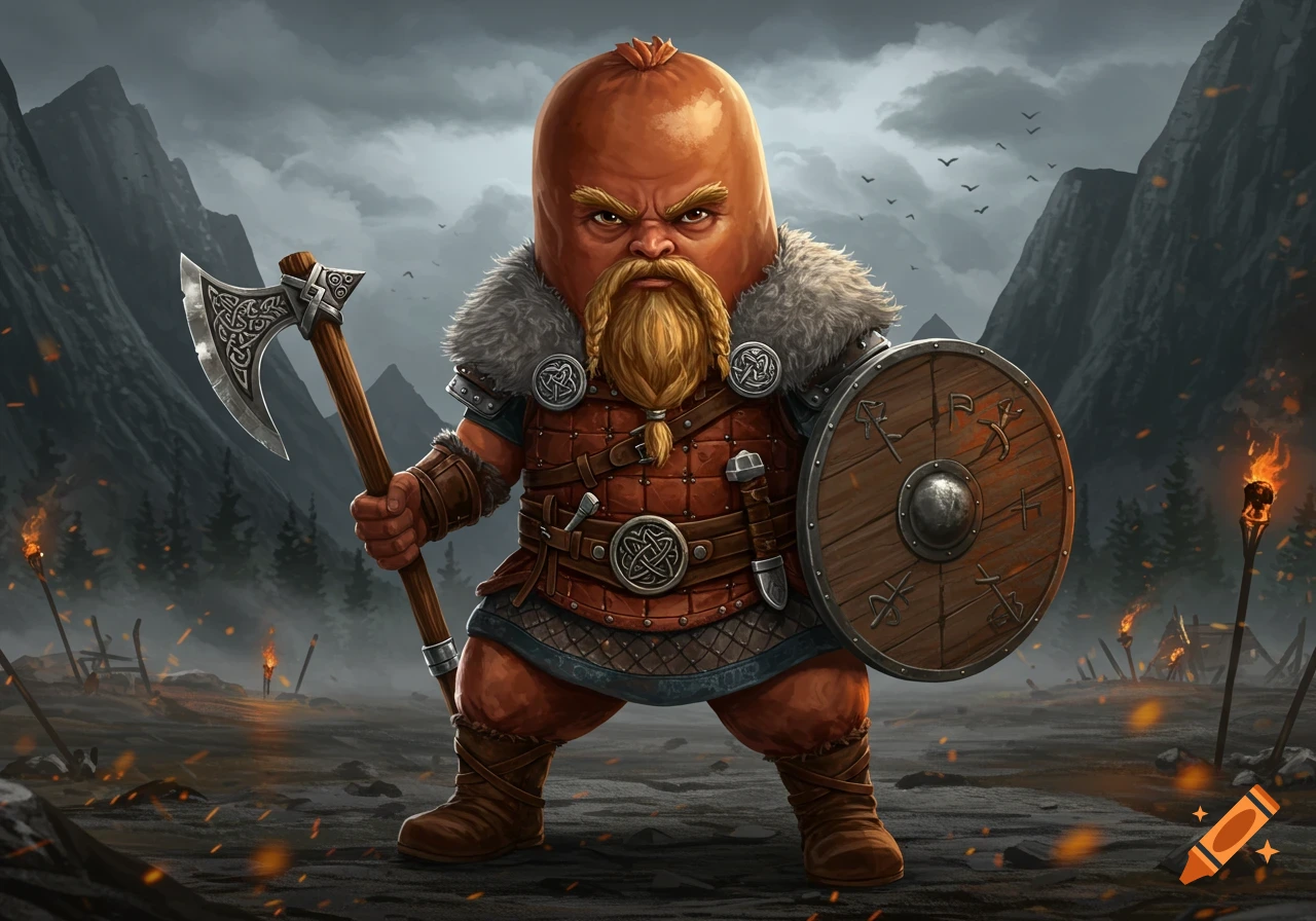 A sausage-headed viking warrior with a long beard, holding an axe and shield, stands in a dark mountain landscape.