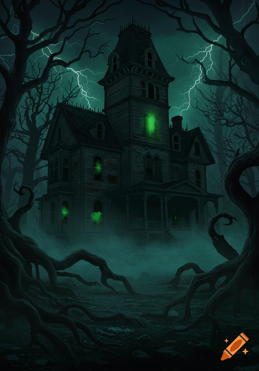 An eerie haunted mansion with glowing green windows, twisted trees, and lightning in a dark, stormy sky.