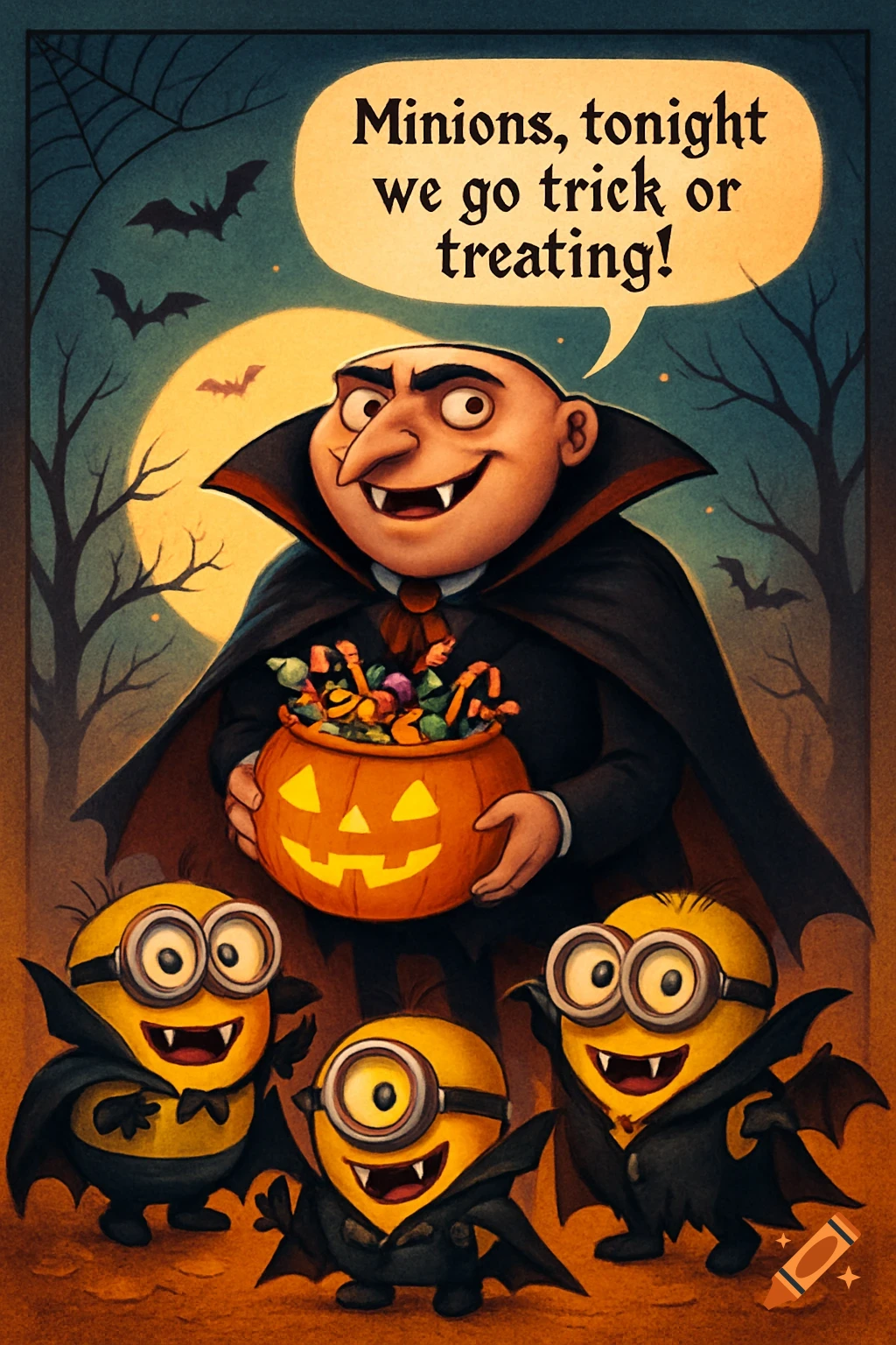 Gru as Dracula holding a candy pumpkin bucket, with Minions dressed as vampire bats, under a moonlit Halloween sky. He says, 'Minions, tonight we go trick or treating!'