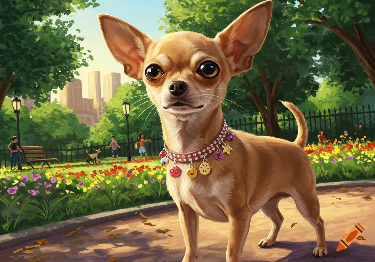 A stylized illustration of a chihuahua wearing a charmed collar, standing in a vibrant park with flowers and people, with city buildings in the background.