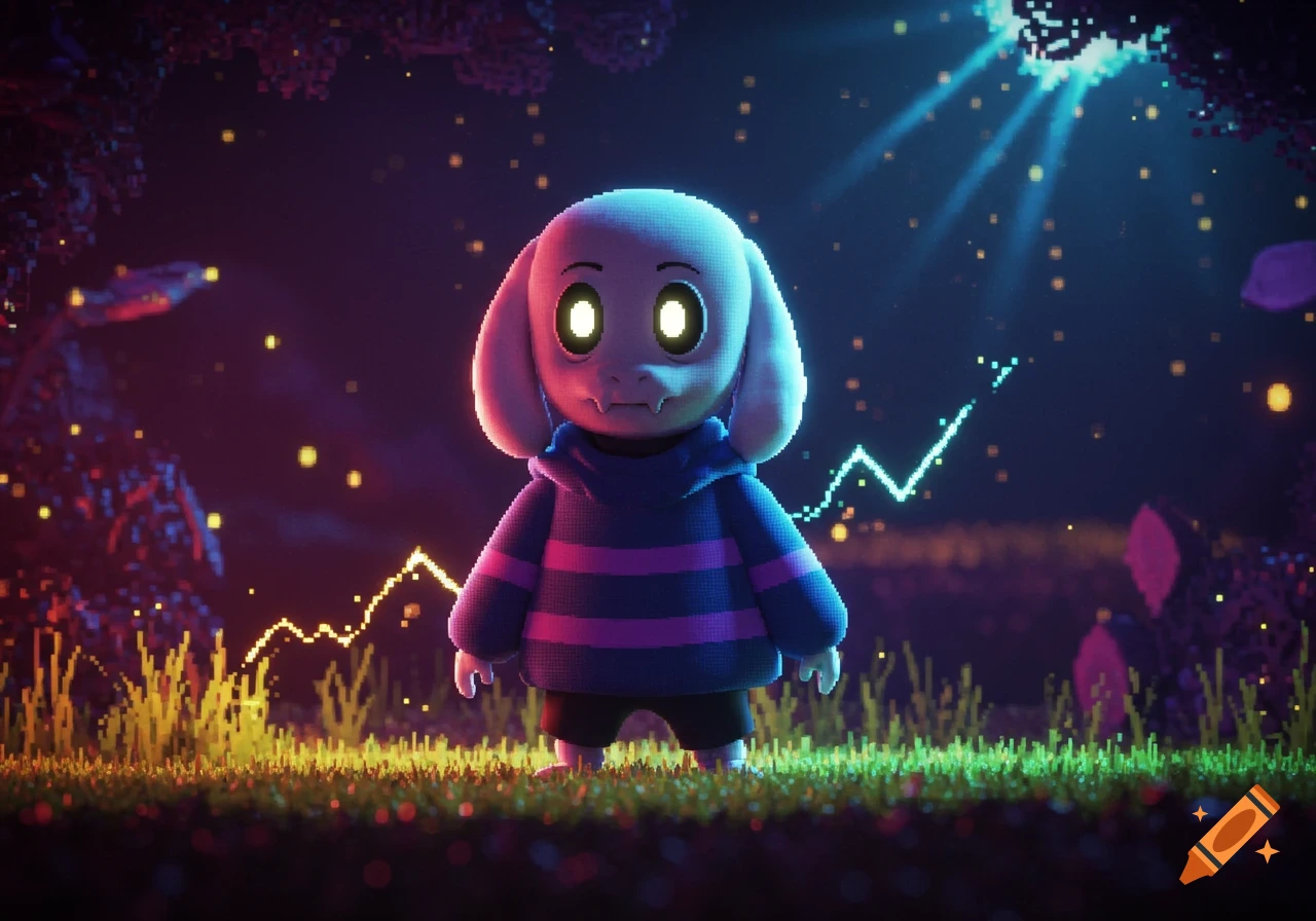 A cute, white, goat-like creature in a blue and purple striped hoodie stands in pixelated grass under glowing lights in a dark, stylized forest.