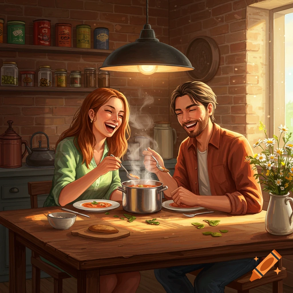 A man and a woman happily eating soup at a wooden table in a rustic kitchen.