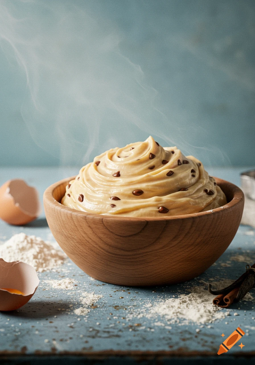 Photorealistic image of a wooden bowl of chocolate chip cookie dough, with flour, eggshells, and spices on a blue counter.