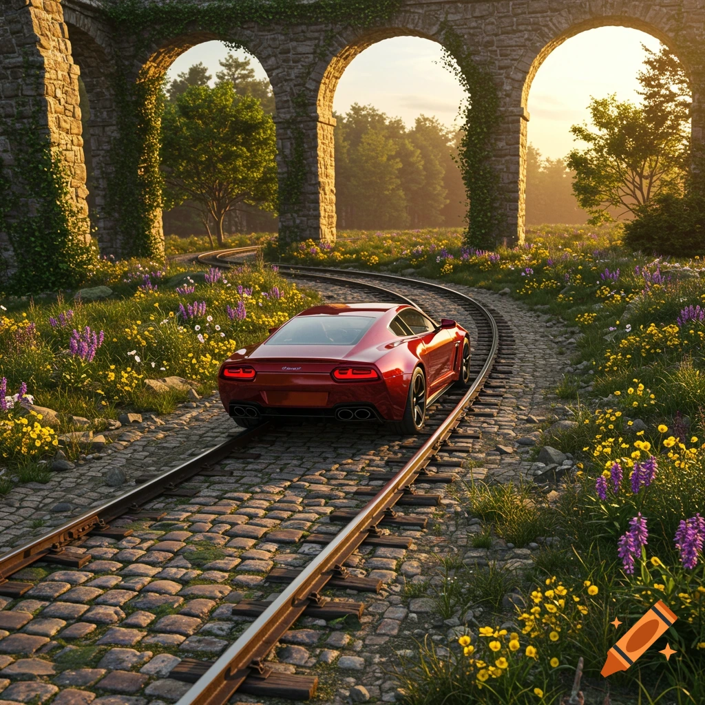 A red sports car drives on cobblestone train tracks winding through a flower-filled meadow beneath stone arches at sunset.