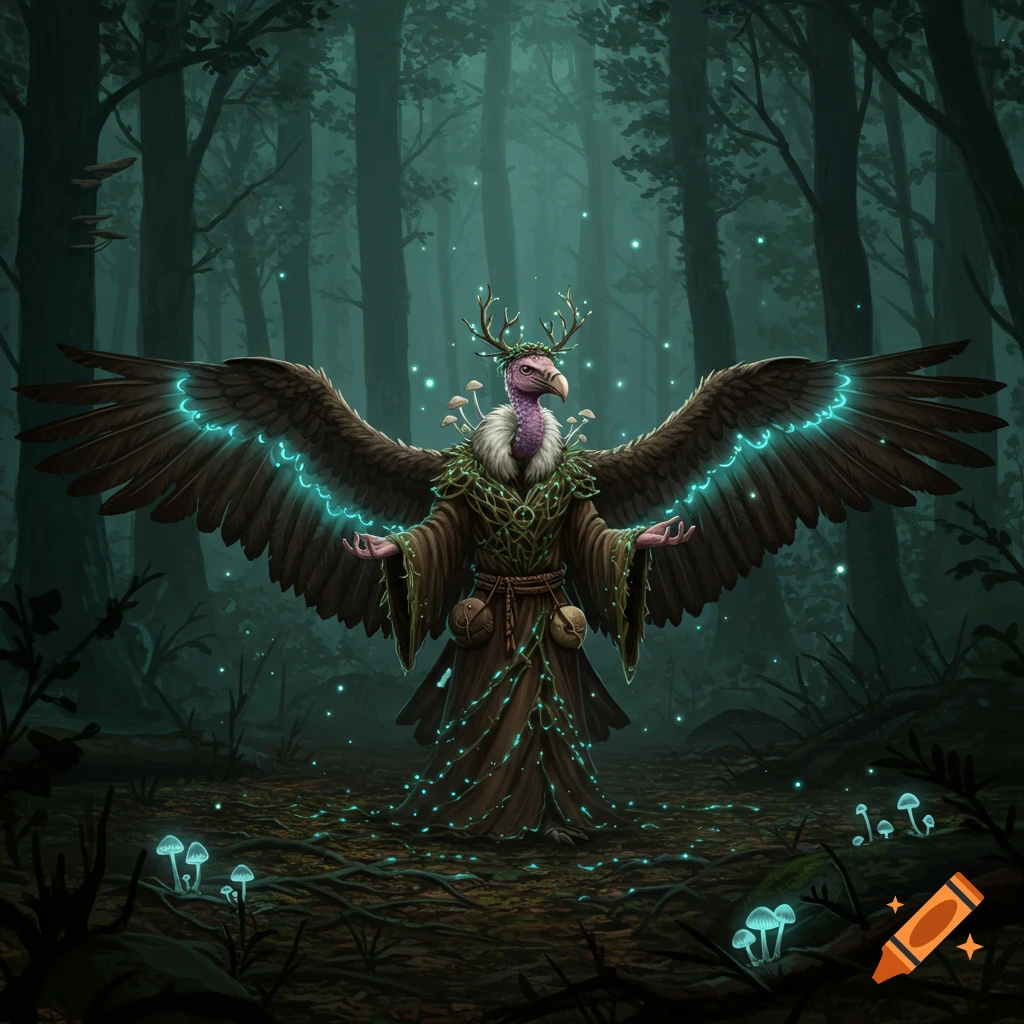 A vulture-headed druid with glowing wings stands in a dark, mystical forest with glowing mushrooms.