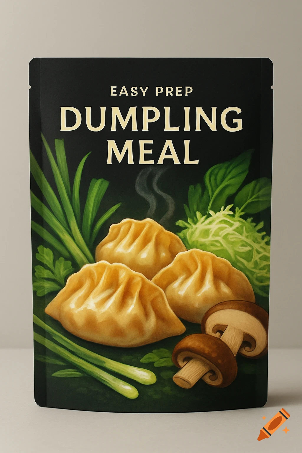 A black pouch for 'EASY PREP DUMPLING MEAL' featuring an illustration of three dumplings, green onions, mushrooms, and cabbage.