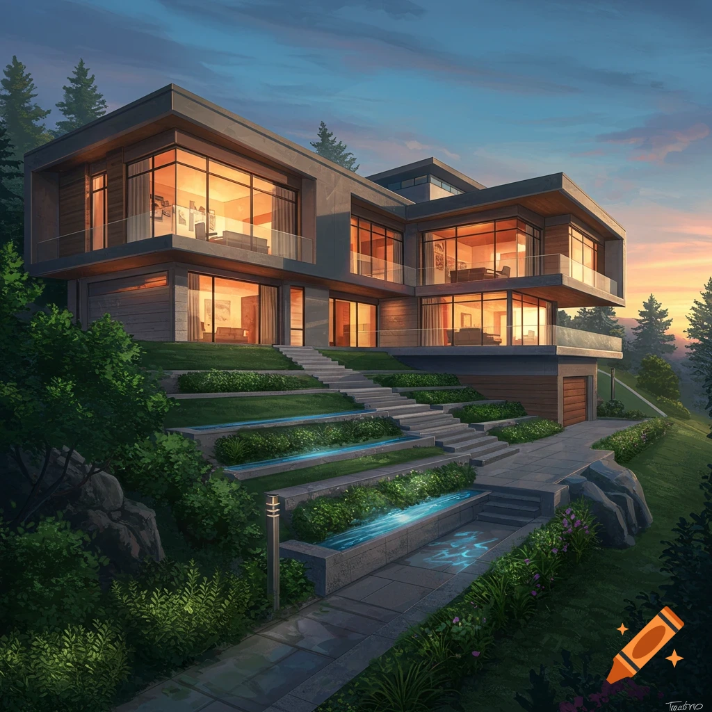 A modern house with large windows and illuminated interiors, built into a terraced slope with water features, at twilight.