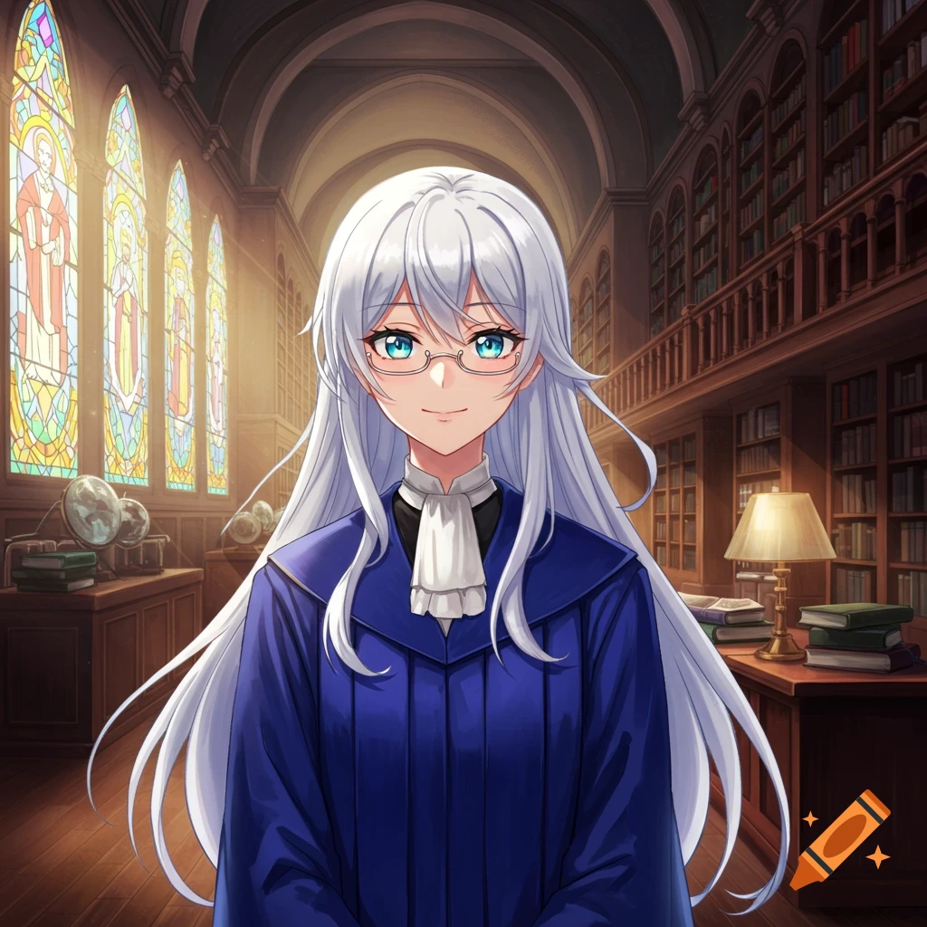 Anime character with long white hair, glasses, and a blue robe, standing in a grand library with stained glass windows.