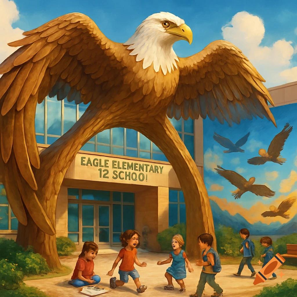 A giant eagle statue forms the entrance to a school where children play, with an eagle mural on the side.