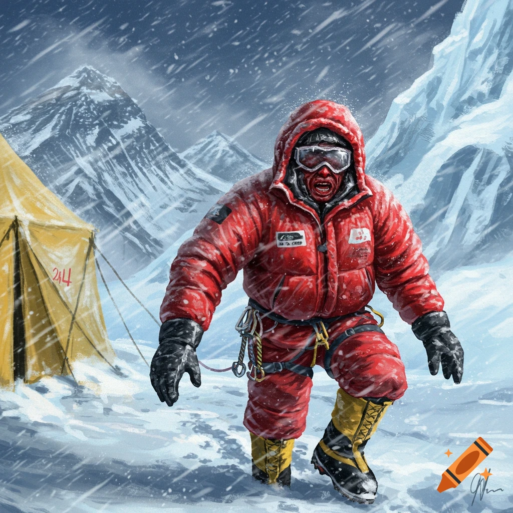 A frostbitten mountain climber in a red down jacket and goggles stumbles through a snowy mountain landscape towards a yellow tent, with jagged peaks in the background.