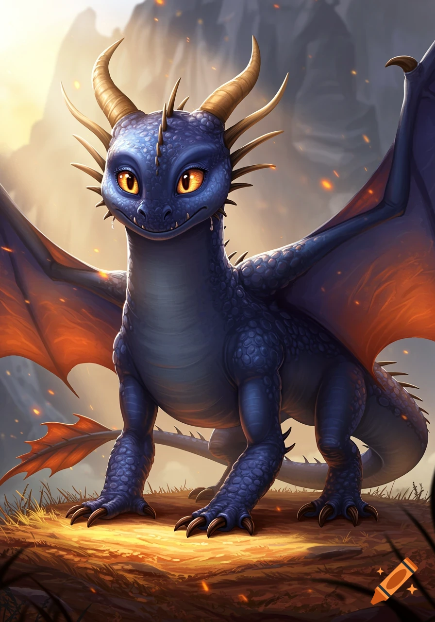 A cute blue baby dragon with orange eyes and horns stands on a golden hill with fiery particles, against a soft mountain background.